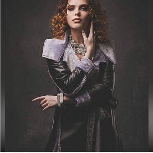 Faux leather long jacket liquid look and soft faux fur shearling lining